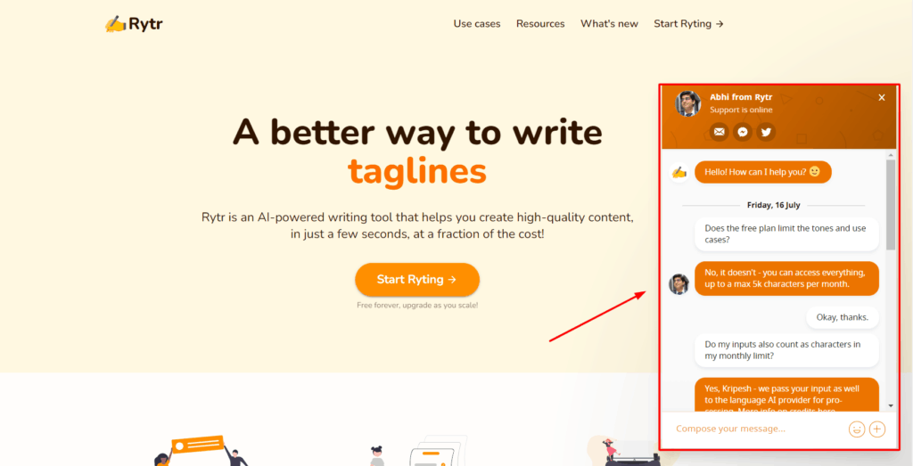 Live chat support in Rytr