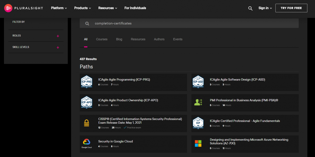 join free learning opportunites- Pluralsight completion certificates