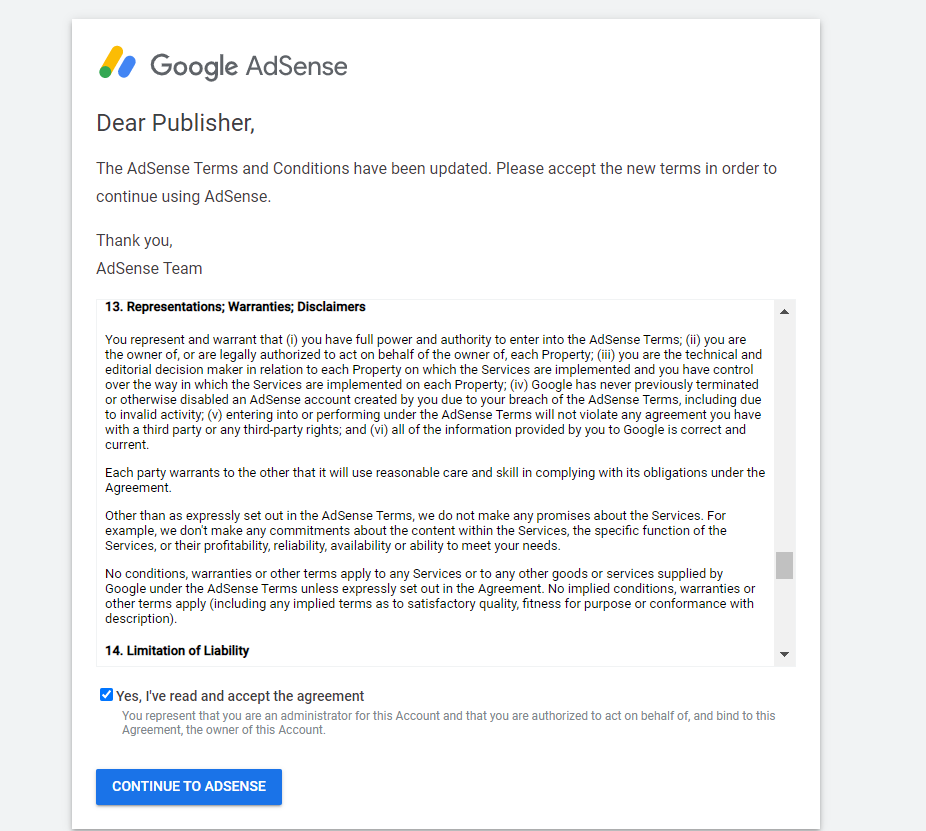 google adsense agreement page